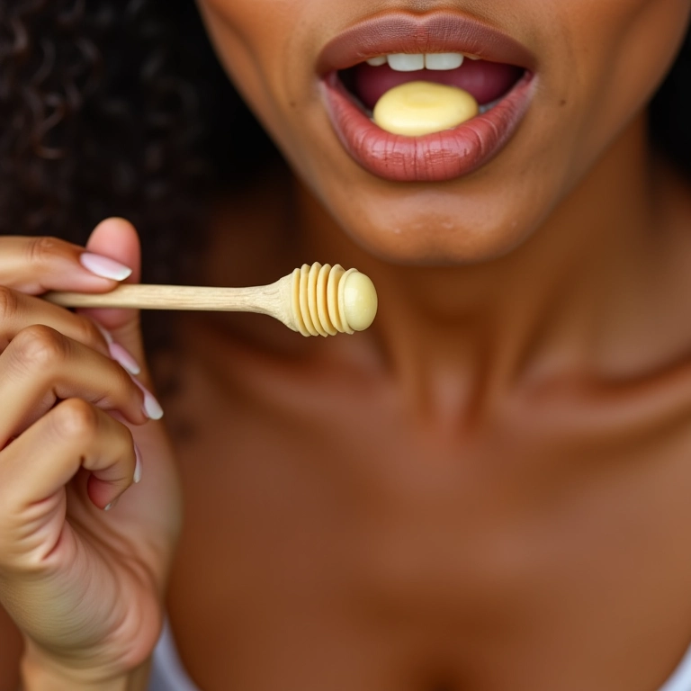 Mulher esfoliando os lábios com esfoliante de mel.