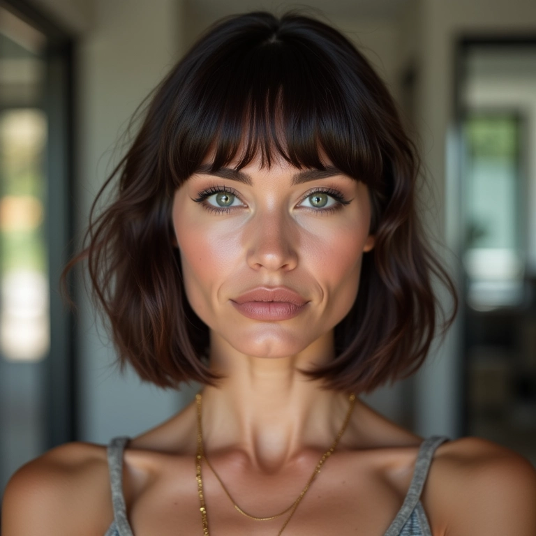 Mulher estilosa com corte bob curto e franja, em ambiente com design brasileiro.