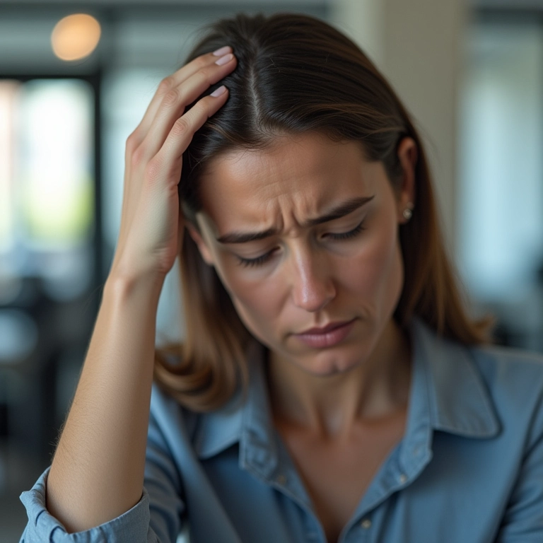 Mulher estressada no trabalho preocupada com a queda de cabelo.
