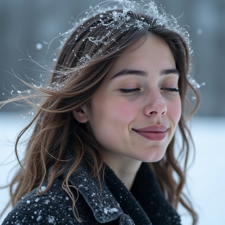 Mulher exposta ao clima frio e seco, com foco no impacto no couro cabeludo.
