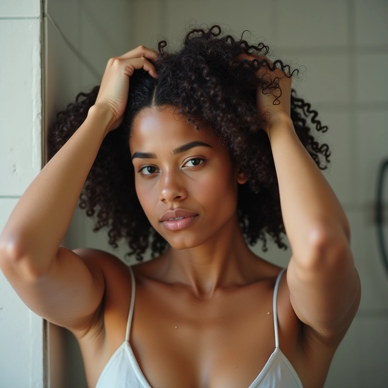 Mulher fazendo co wash no cabelo cacheado no chuveiro, massageando o couro cabeludo.