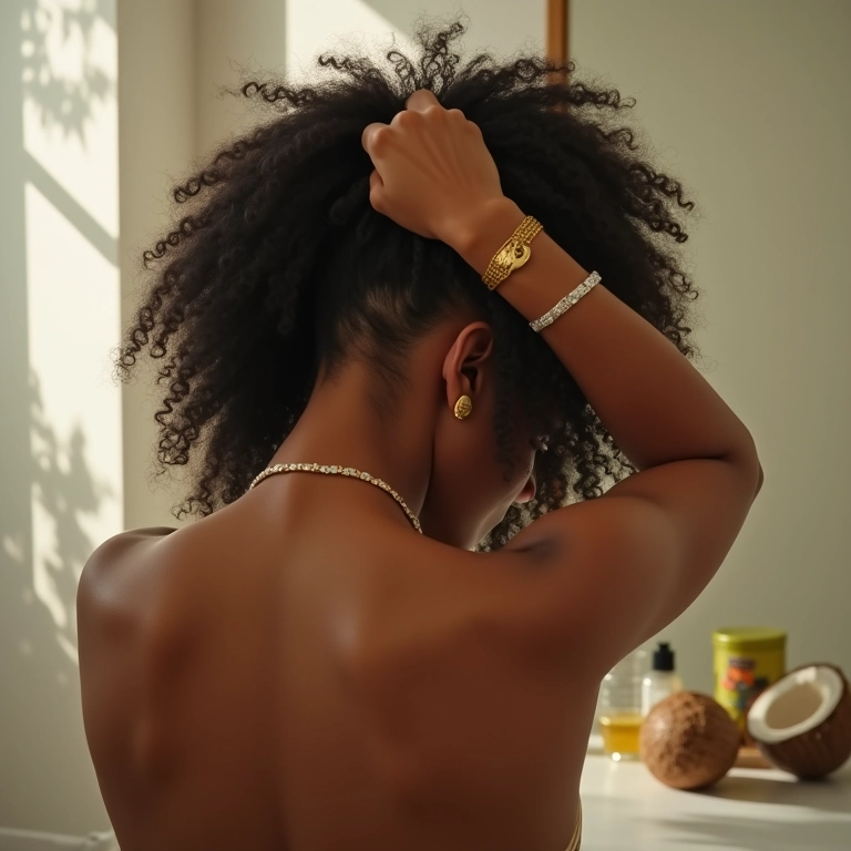 Mulher fazendo umectação capilar com óleo de coco.