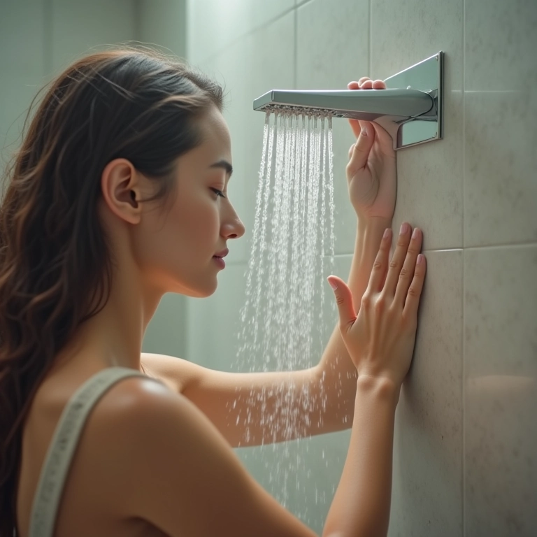 Mulher fechando a torneira do chuveiro quente.