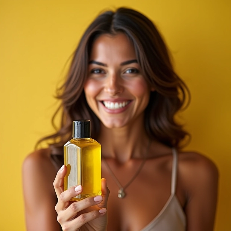 Mulher feliz segurando óleo reparador acessível.
