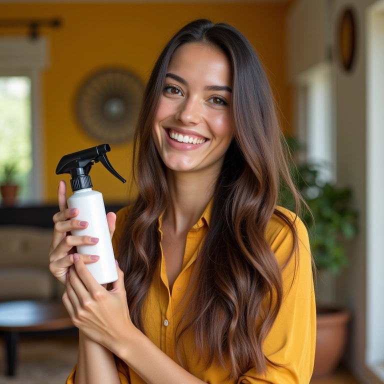 Mulher feliz usando spray anti-frizz em cabelo liso.