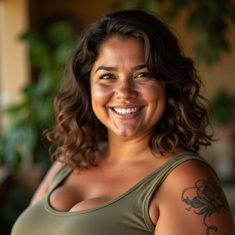 Mulher gordinha brasileira sorrindo, exibindo um corte de cabelo estiloso.