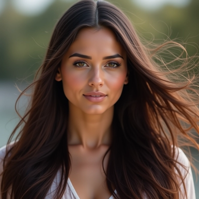 Mulher gordinha com cabelo longo em camadas, movimento e leveza.