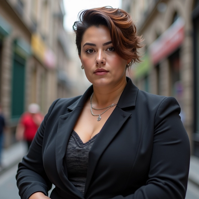 Mulher gordinha com corte assimétrico, ousadia e modernidade.