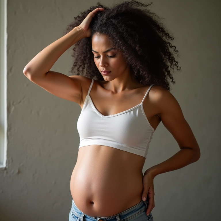 Mulher grávida, representando alterações hormonais e sua influência na pele e cabelo.