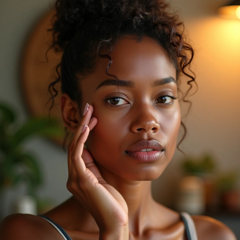Mulher identificando seu tipo de pele em frente ao espelho.