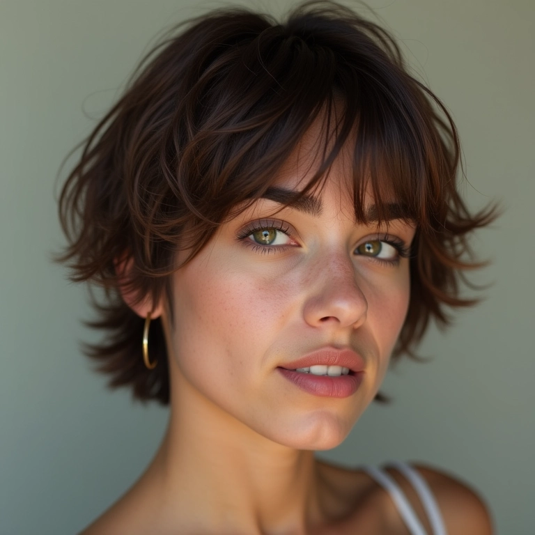Mulher jovem brasileira com corte assimétrico curto e franja lateral estilosa.
