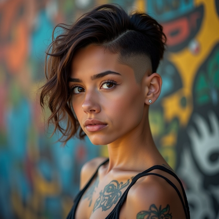 Mulher jovem brasileira com corte assimétrico e sidecut, exibindo tatuagens.