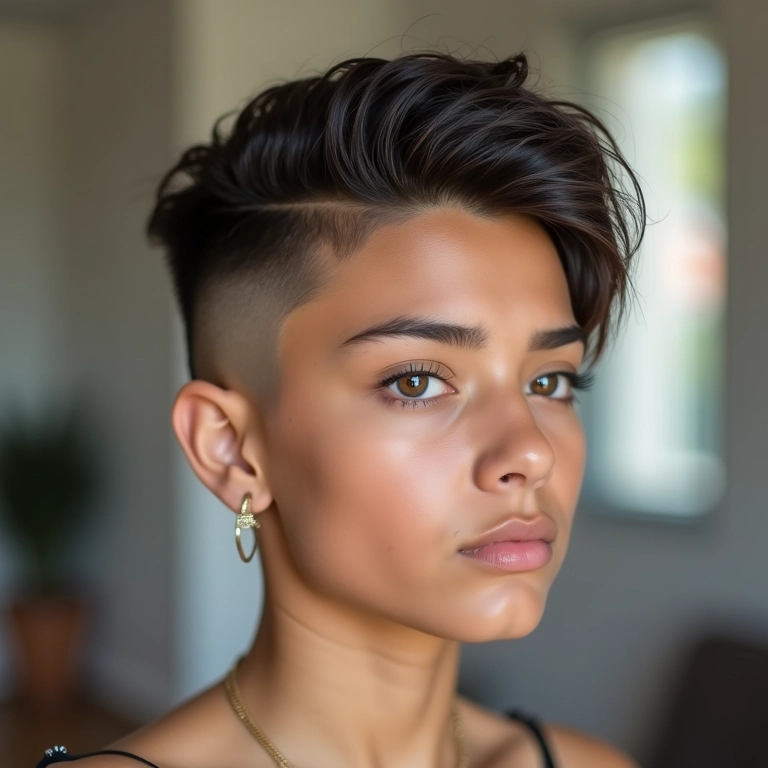 Mulher jovem brasileira com corte assimétrico e undercut em um apartamento moderno.