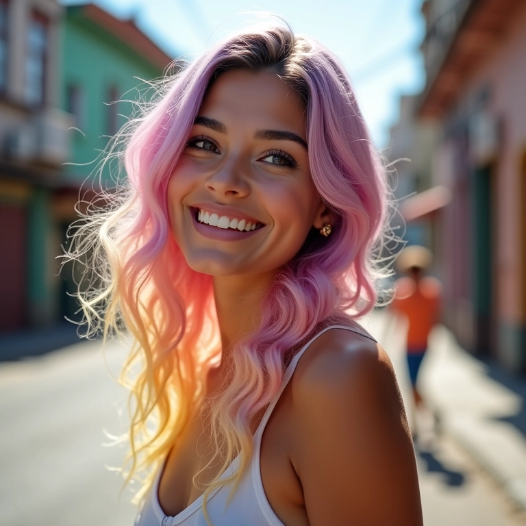 Mulher jovem com corte de cabelo sorvete colorido em rua de São Paulo.