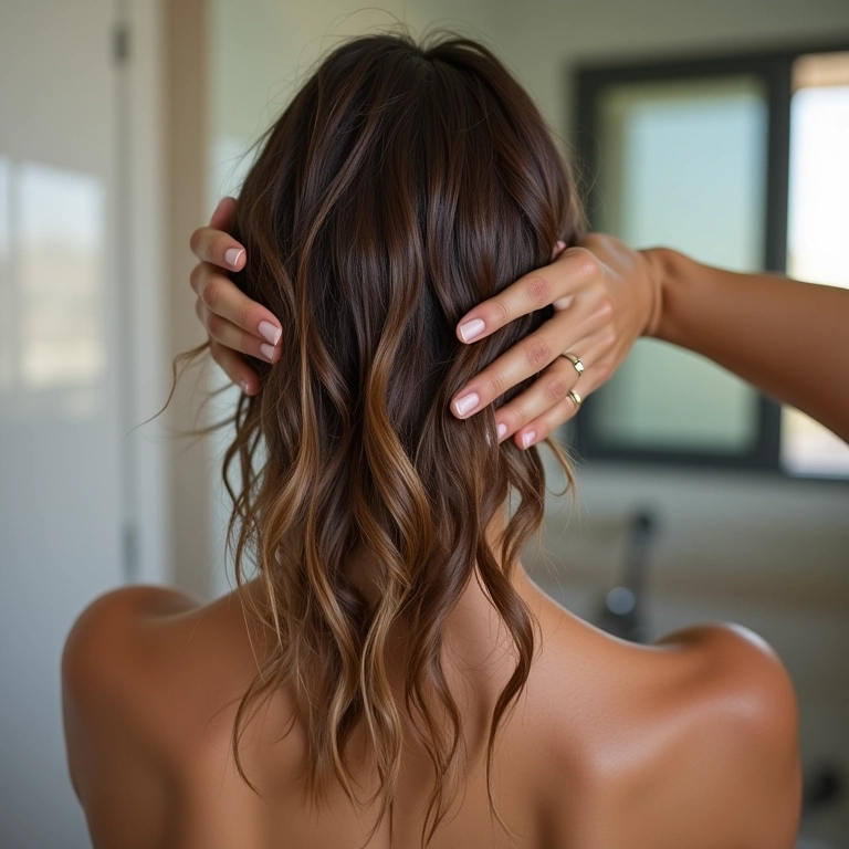 Mulher lavando o cabelo com água morna no banheiro.