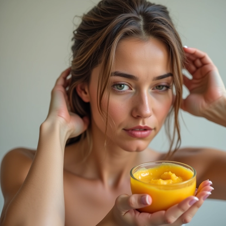 Mulher lavando o cabelo com shampoo iluminador, mostrando a quantidade correta na mão.