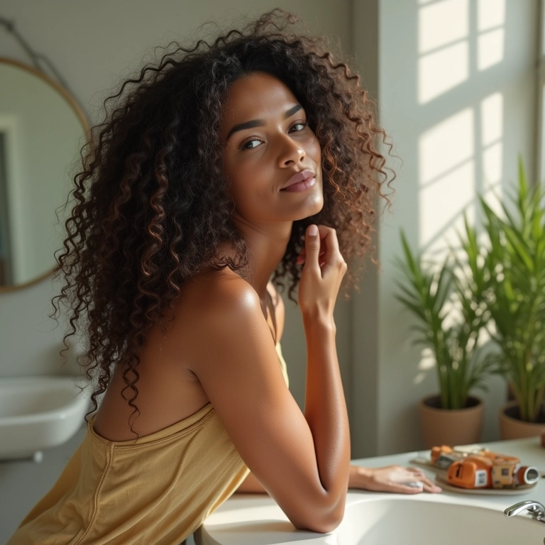 Mulher lavando os cachos com shampoo Elseve Cachos Longos dos Sonhos.