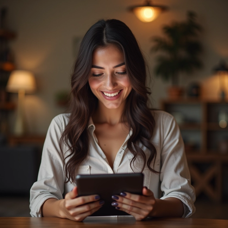 Mulher lendo resenhas sobre sombras capilares em um tablet.