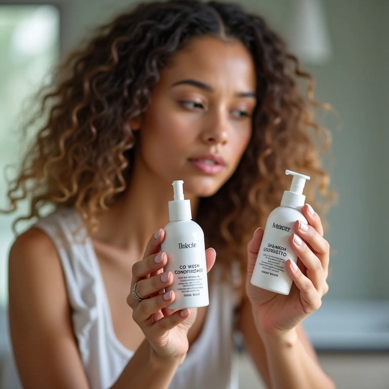 Mulher lendo rótulo de condicionador para co wash, analisando ingredientes.