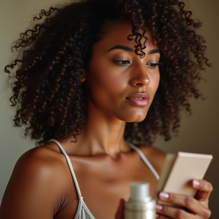 Mulher lendo rótulo de ingredientes de mousse para cabelo cacheado.