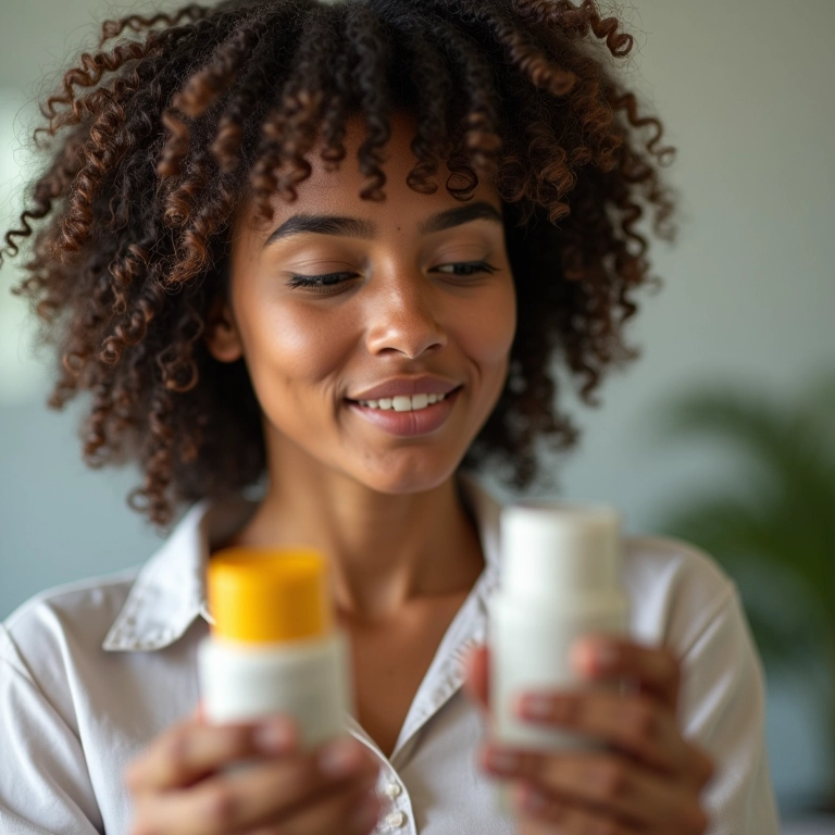 Mulher lendo rótulos de produtos capilares.