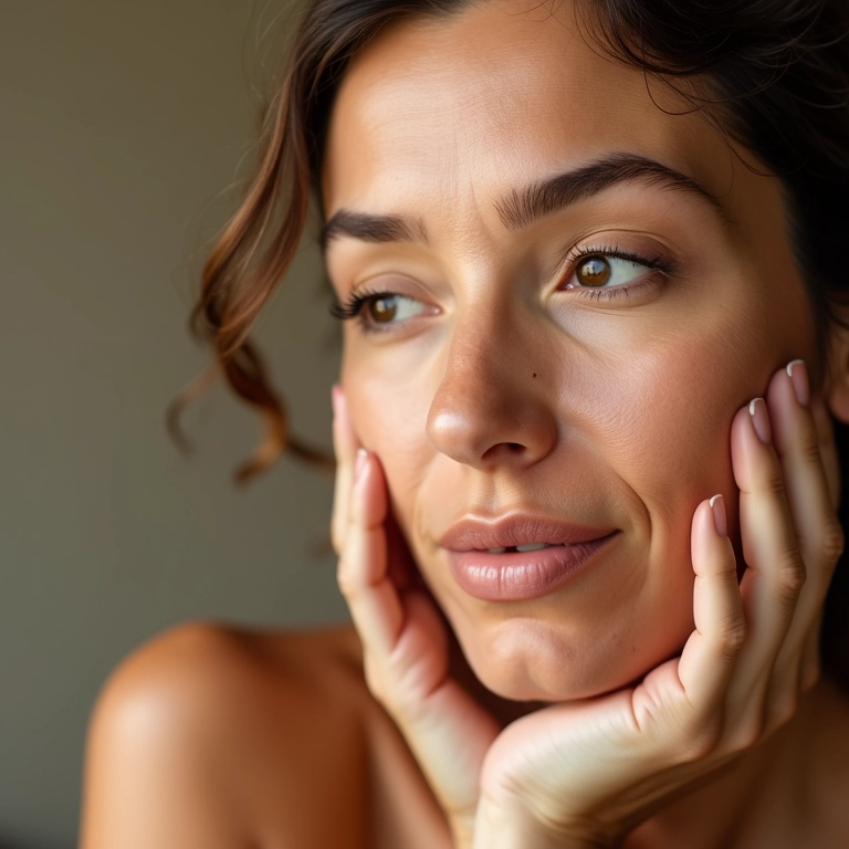 Mulher madura aplicando óleo de Argan no rosto para combater o envelhecimento.