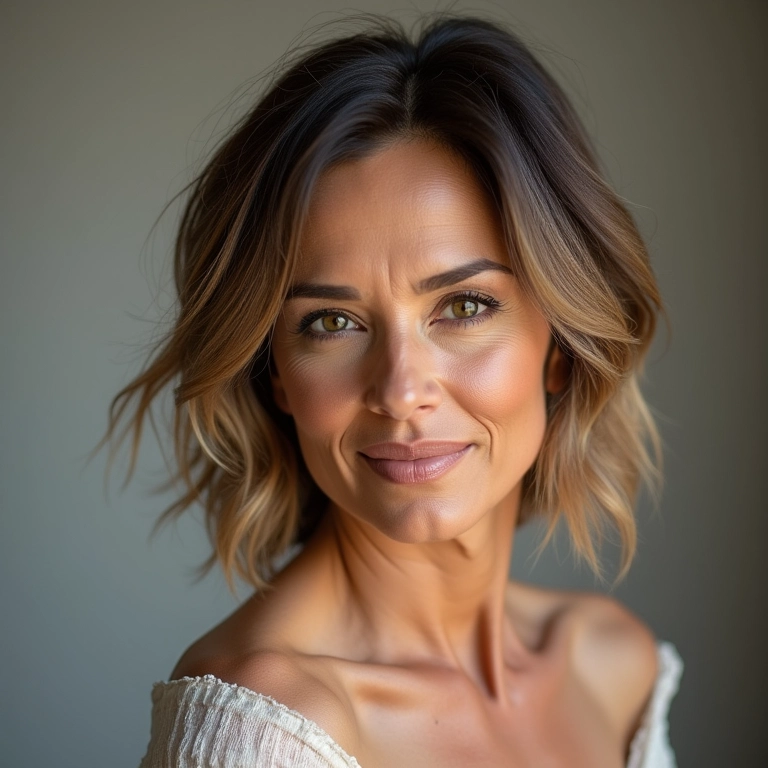 Mulher madura brasileira com corte assimétrico e mechas claras.