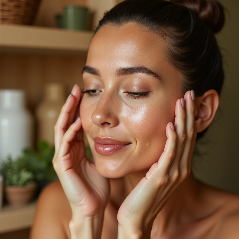 Mulher massageando creme de karité no rosto, prevenindo rugas e linhas de expressão.