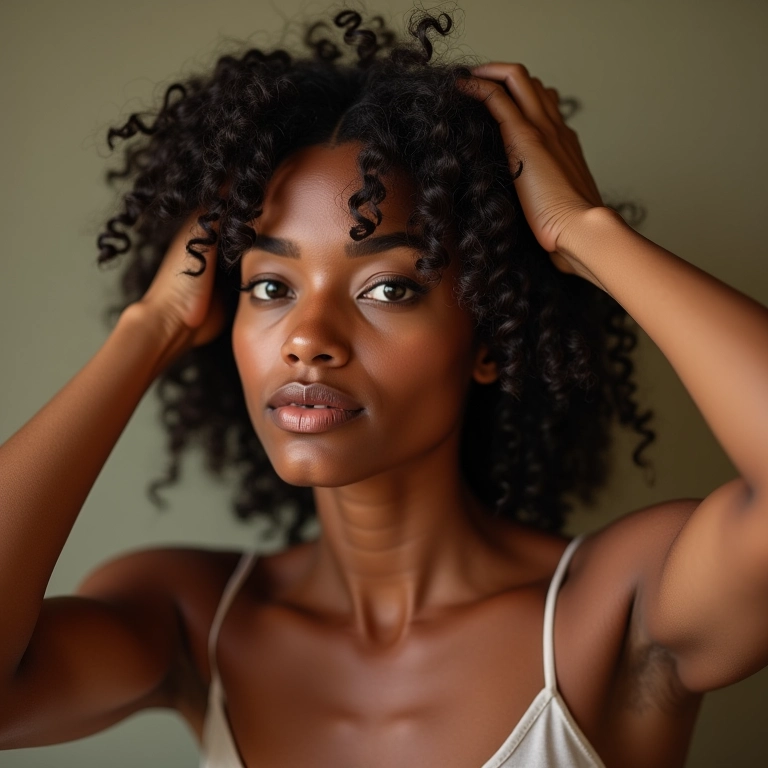 Mulher massageando o cabelo com óleo para umectação.