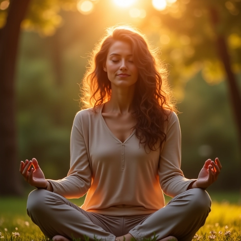 Mulher meditando em local tranquilo, aliviando o estresse para evitar queda de cabelo.