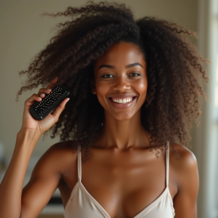 Mulher modelando cabelo com escova esqueleto para volume e leveza em penteadeira Farm Rio.
