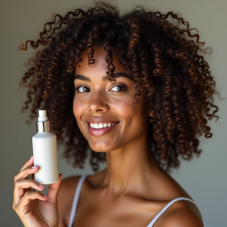 Mulher modelando cachos com sérum capilar.