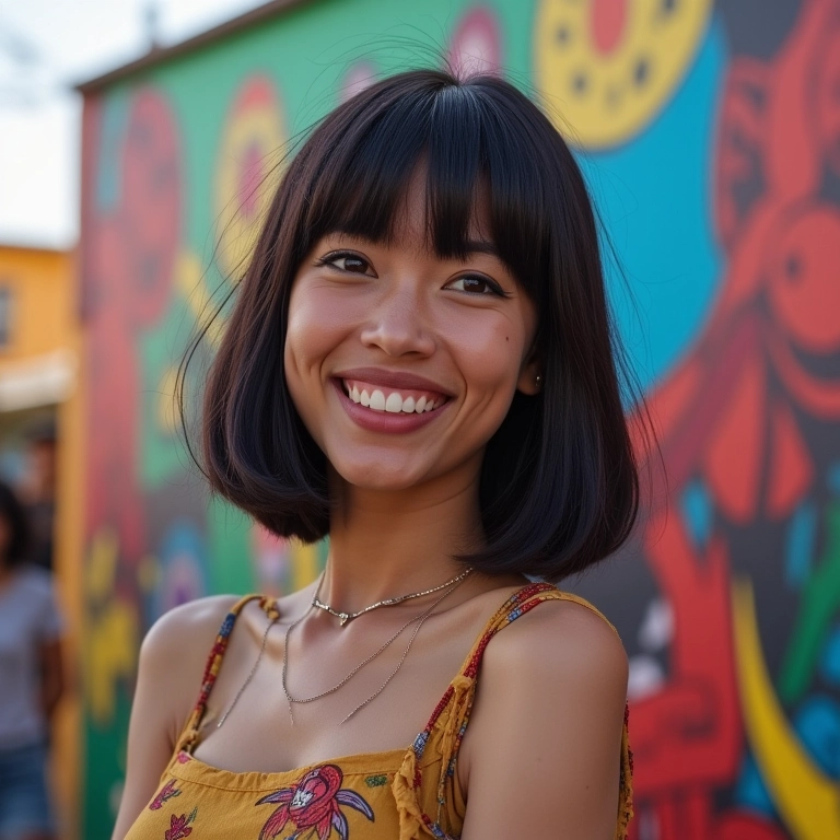 Mulher moderna com micro bob e cabelo liso curtindo festival de arte de rua no Rio.