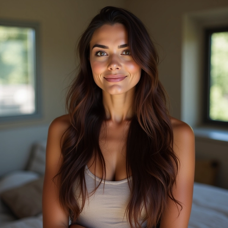Mulher morena com cabelo levemente oleoso usando spray de brilho.