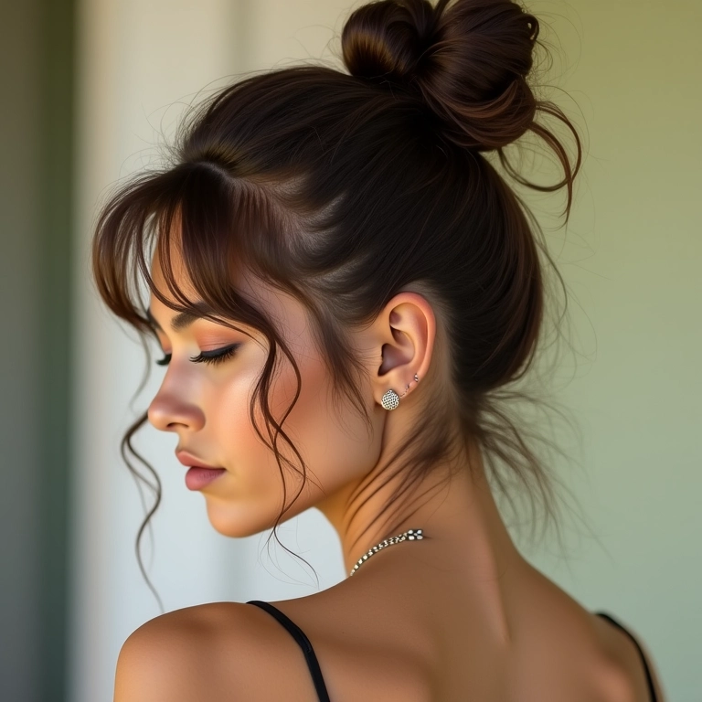 Mulher morena com coque podrinho, estilo natural e elegante.