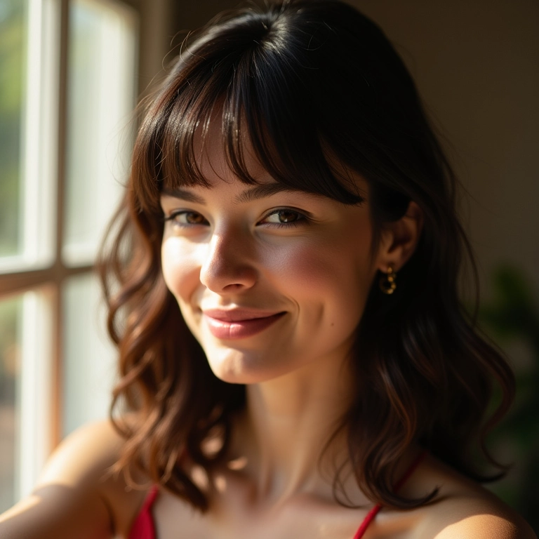 Mulher morena com franja lateral sorrindo em interior iluminado.