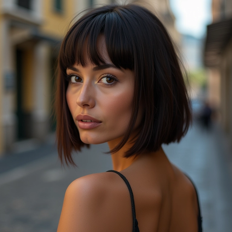 Mulher morena com long bob (blunt cut longo) posando com elegância.