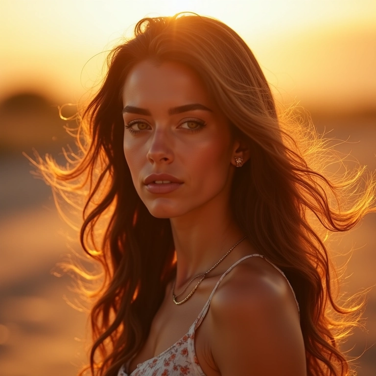 Mulher morena com longas camadas e movimento.