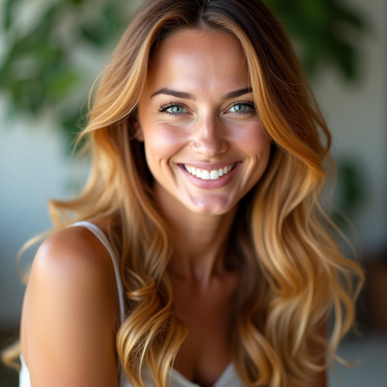 Mulher morena exibindo um cabelo loiro caramelo radiante e saudável.