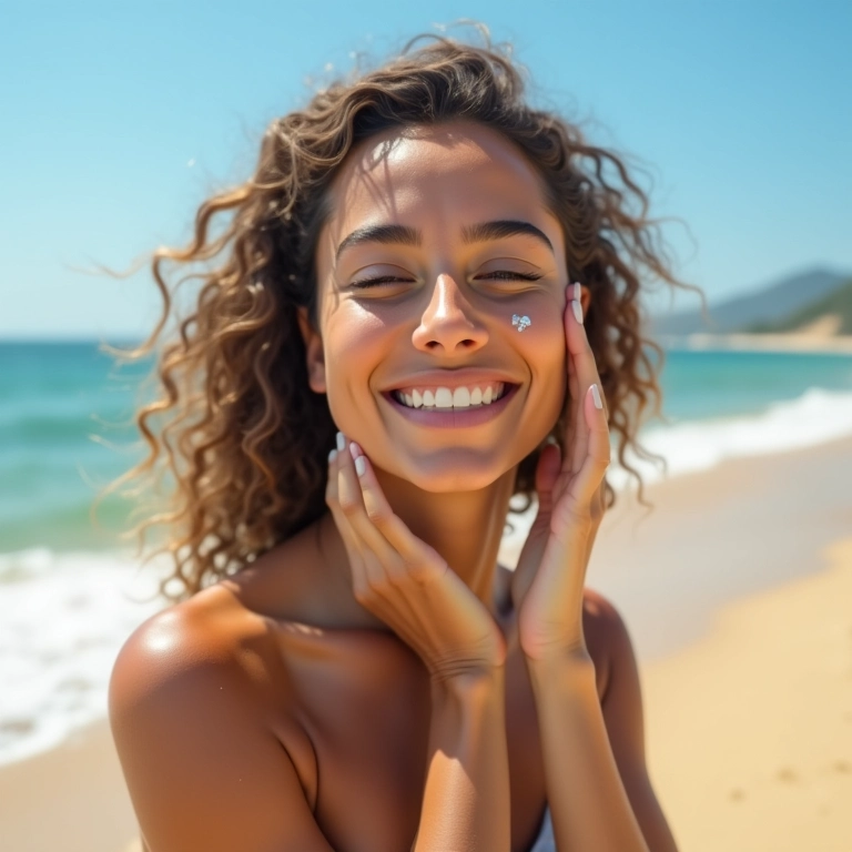 Mulher na praia aplicando protetor solar com manteiga de karité para proteção contra raios solares.