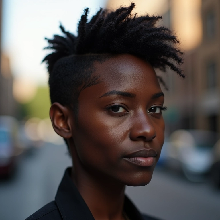 Mulher negra brasileira com corte assimétrico feito com navalha em cenário urbano.