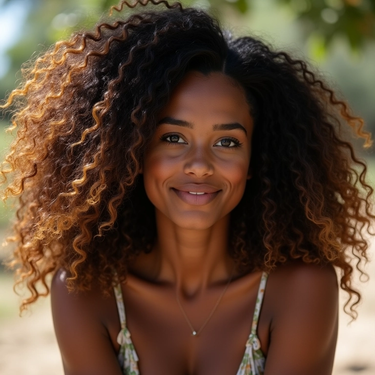 Mulher negra com cabelo cacheado e crespo com ombré hair.