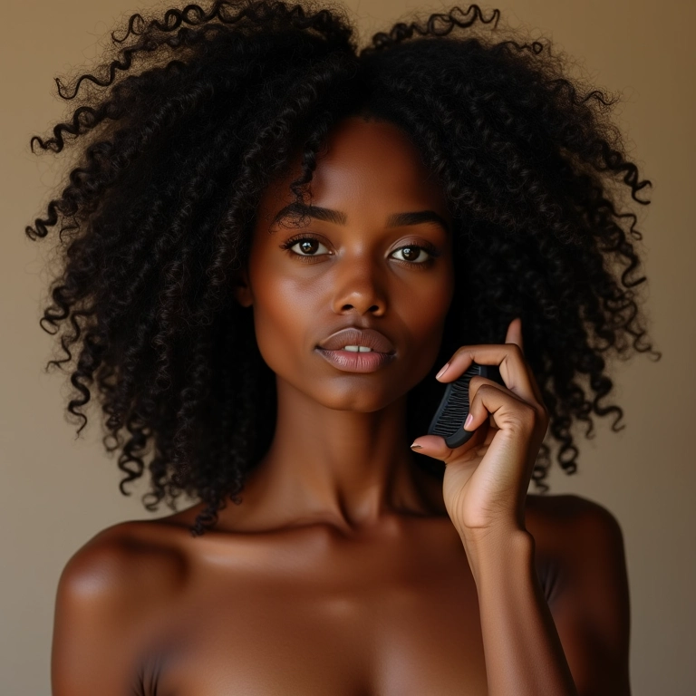 Mulher negra com cabelo cacheado usando escova polvo para definição dos cachos.