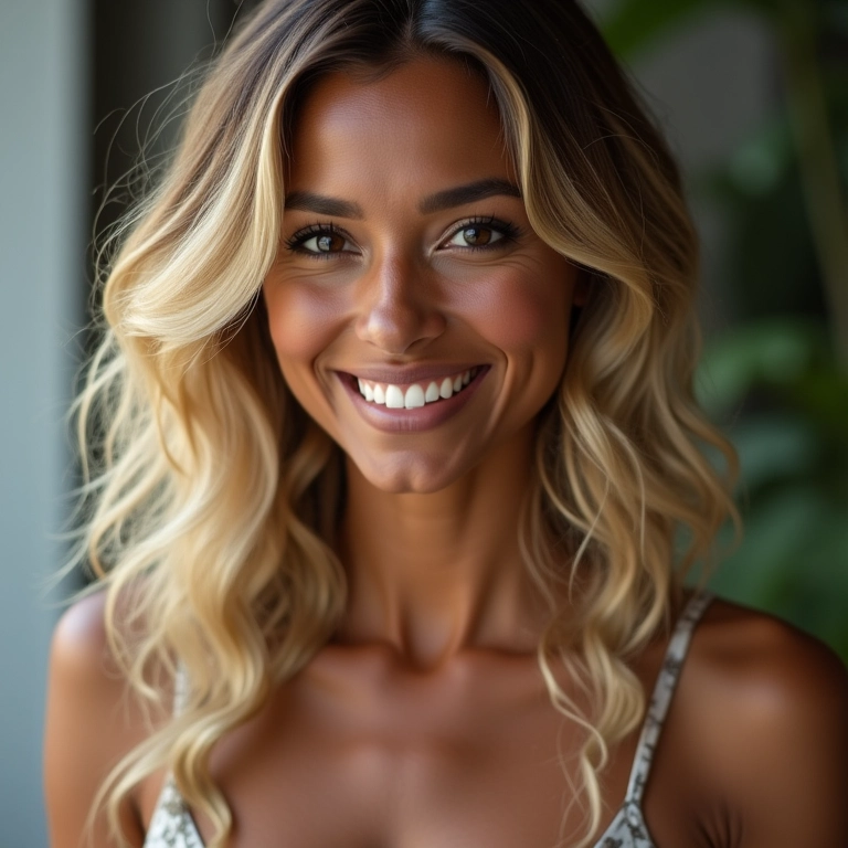 Mulher negra com cabelo loiro champagne e sorriso confiante.