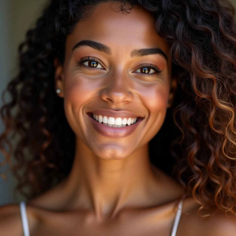 Mulher negra sorrindo com cabelo crespo tipo 4C saudável e bem definido.