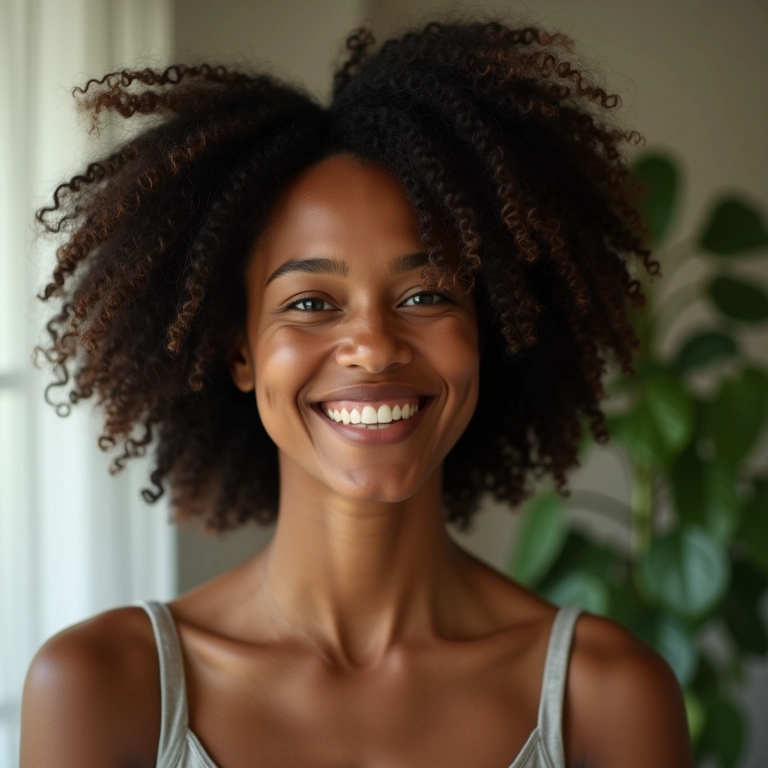 Mulher negra sorrindo com cachos perfeitos e definidos.
