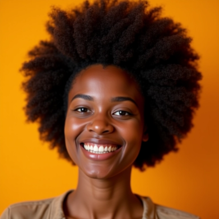 Mulher negra sorrindo com um afro puff volumoso e bem definido.