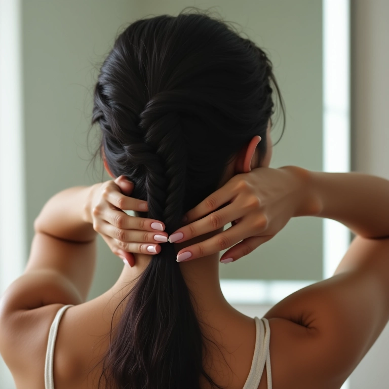 Mulher negra trançando o próprio cabelo em banheiro moderno.