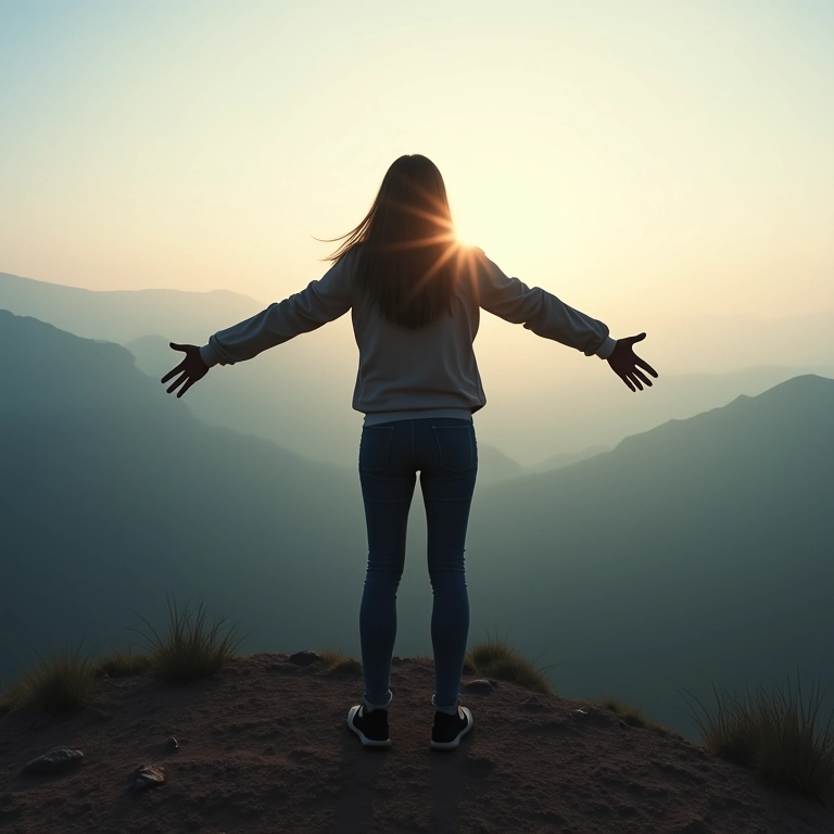 Mulher no topo da montanha: resiliência para enfrentar o futuro.