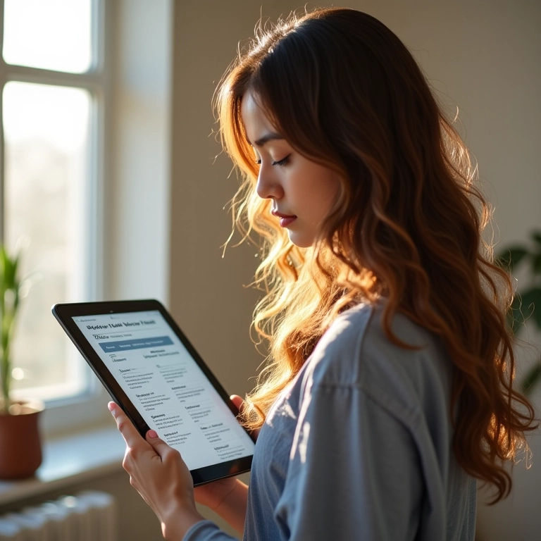 Mulher olhando tabela comparativa de elásticos no tablet.